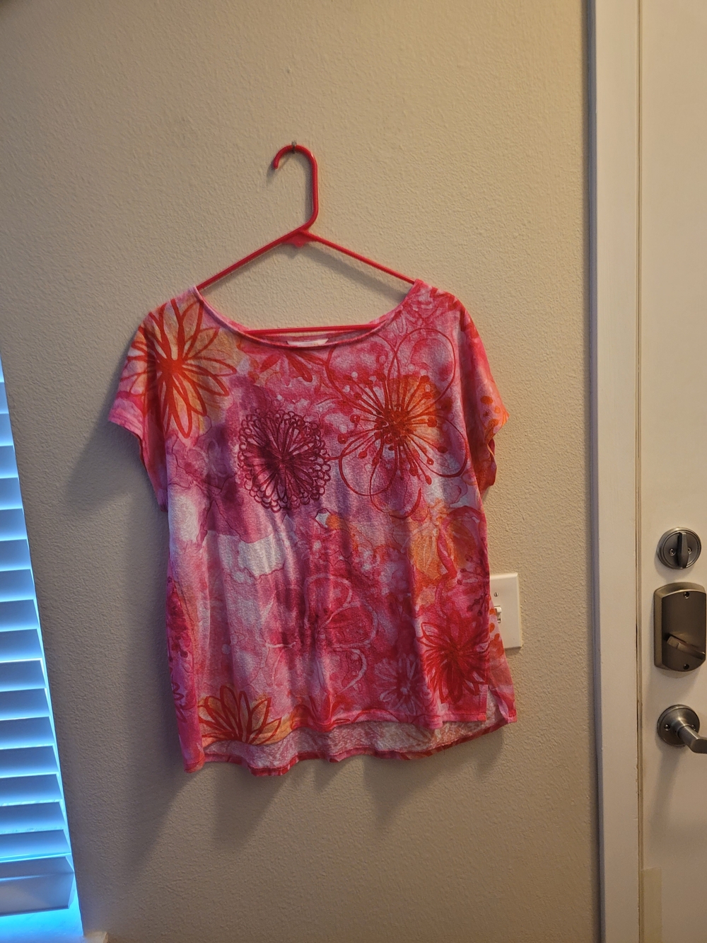 Pink Floral Short Sleeve Tee with Orange Accents
